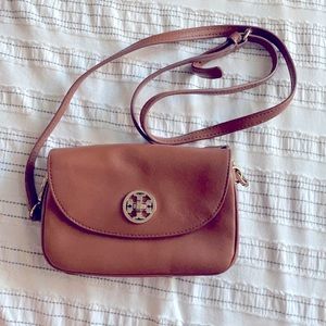 Camel crossbody, textured leather Tory Burch small bag.